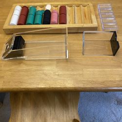 Blackjack Shoe, Chip Rack, And Chips