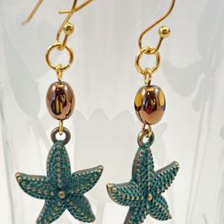 Hand Made Gold and Green Starfish Earrings 