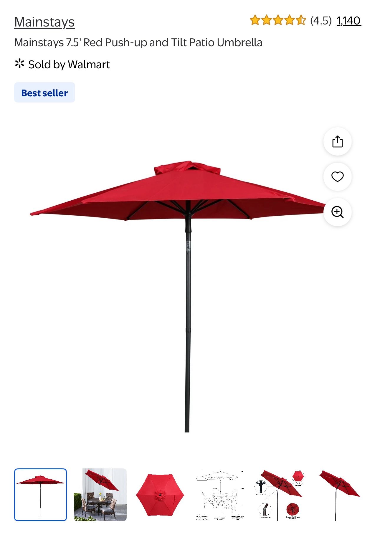 Mainstays 7.5' Red Push-up and Tilt Patio Umbrella