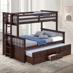 Twin Over Full Bunk Bed Frame With Twin Trundle And Drawers In Dark Brown Finish