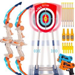2 Pack Bow and Arrow Set for Kids Electric Moving Target, Light Up Archery Set with 14 Suction Cup