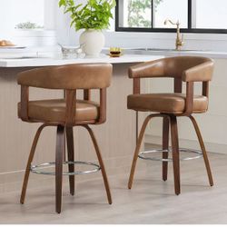 💙Swivel Counter Height Barstools Set of 2, FSC Certified Faux Leather Upholstered Bar Stools with Back and Armrest for Kitchen Island Home Bar, 2