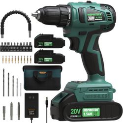 20V Cordless Brushless Power Drill Set with 2 Batteries and Charger,3/8-Inch Chuck Electric Drill-Driver, 22 Torque Setting, Drilling/Driver Bits