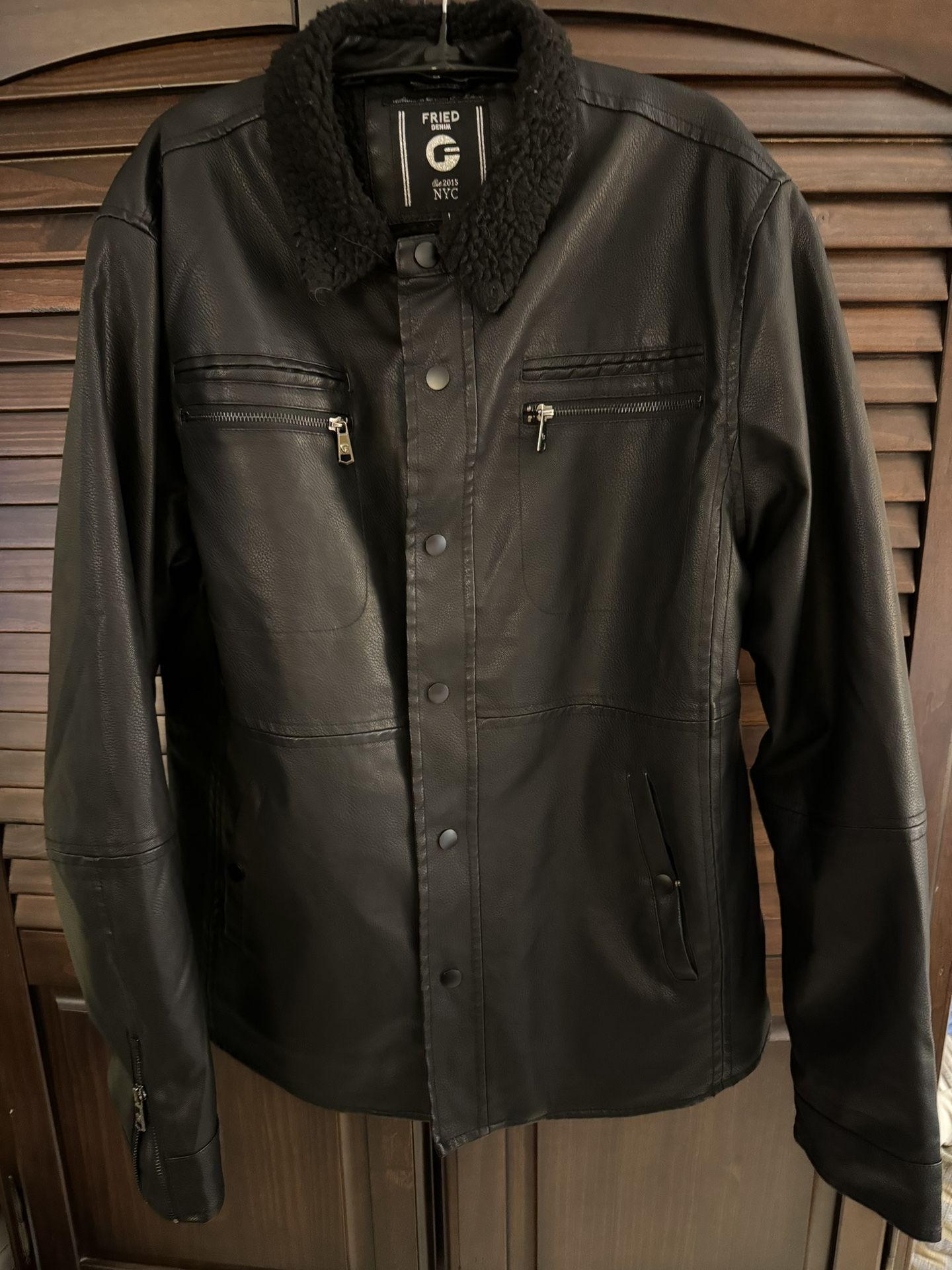 Mens Fried Denim Faux Leather Black Jacket Size L NYC Fleece Lined Est. 2015