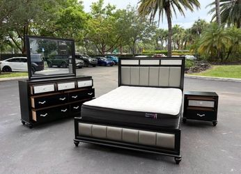 Modern 4-Piece Bedroom Set with Queen Bed, Dresser, Mirror, and Nightstand