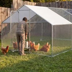 43CC Metal Chicken Coop 9.84x9.84x6.56 FT(3x3x2M) Large Walk-in Chicken Runs with Cover Spire Roof Hen House Enclosure Outdoor Cage Poultry Pen for Ba