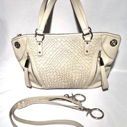 B. Makowsky Woven beige color Leather Satchel with detachable crossbody strap