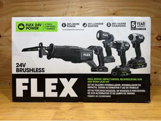 FLEX 24V Brushless 4-Tool Combo Kit: Drill Driver, Impact Driver, Reciprocating Saw, and Work Light