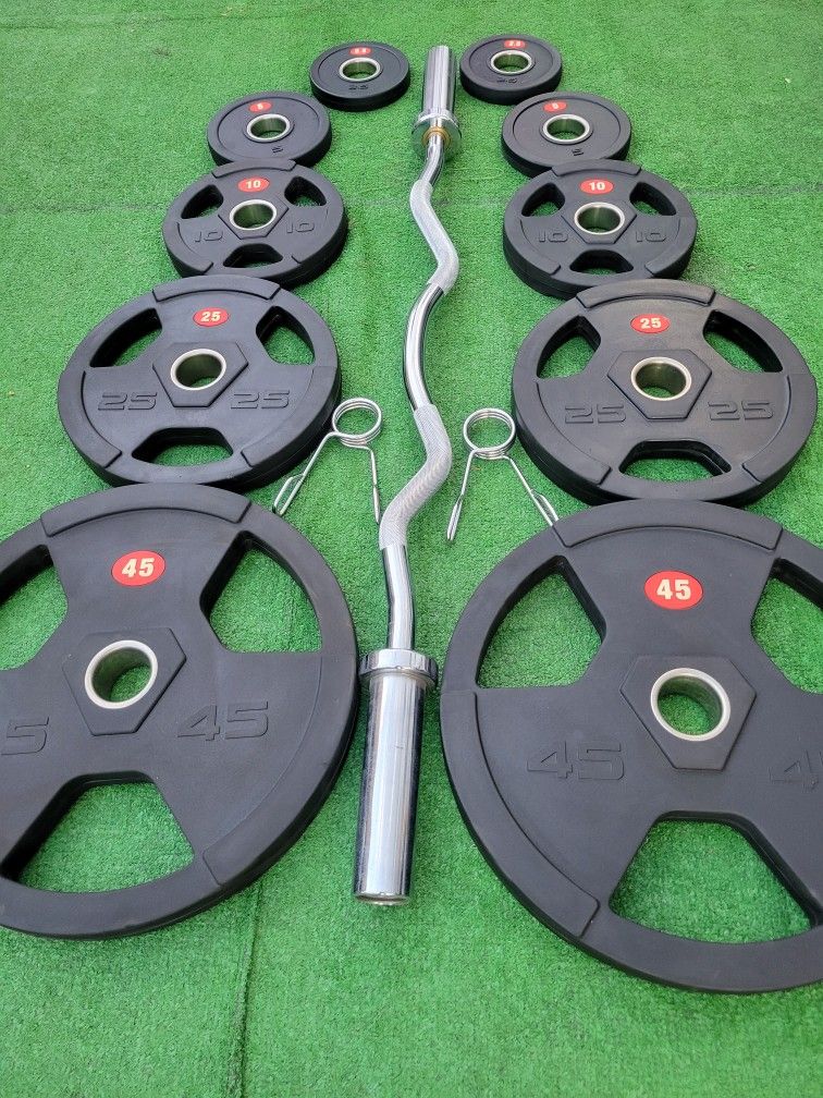 WEIGHTS SET AND 4FT CURLED BARBELL