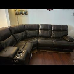 Dark Brown leather 6 seater couch (3 seat recliner) with charger ports
