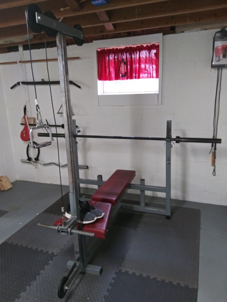Weider Weight Bench With Attachments, Plates, Plate Rack