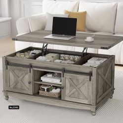 48" Farmhouse Lift Top Coffee Table with Storage Sliding Barn Door & Large Hidden Compartment, Coffee Table with Lifting Top with Wooden Lift Tabletop