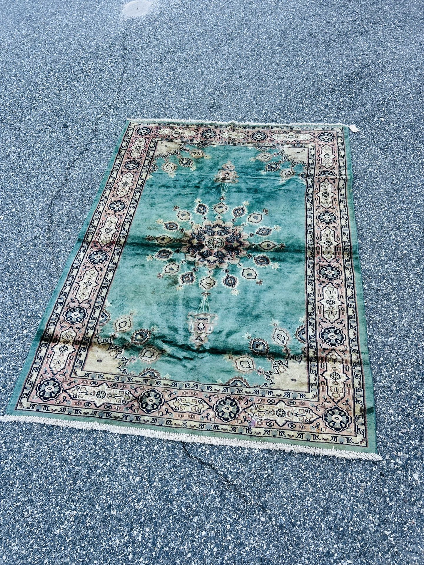 Handmade Afghan Oriental Rug – Teal & Cream – Some Damage