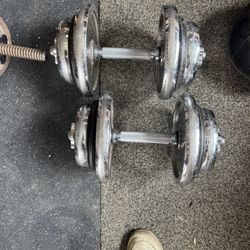 Adjustable Dumbells, Curl bar, tricep bar & 1 in weights