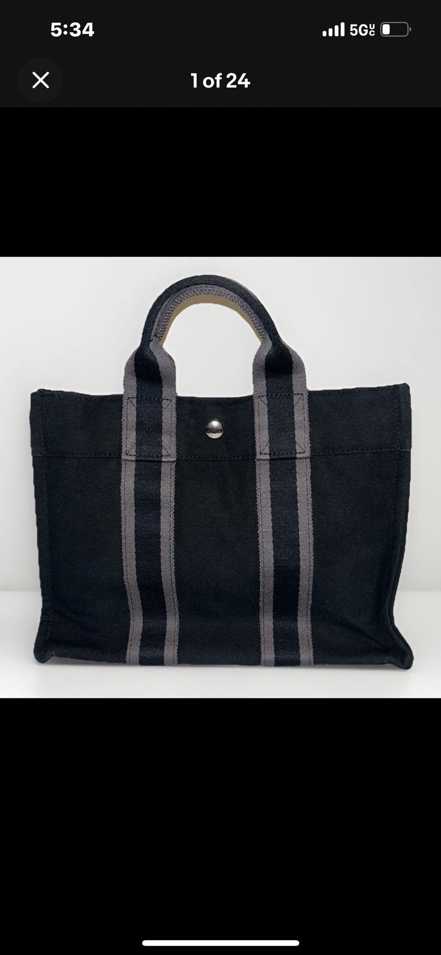 Hermes Toile Fourre-Tout PM Handle Tote Bag H Cotton Canvas Gray Dark Noir Nylon