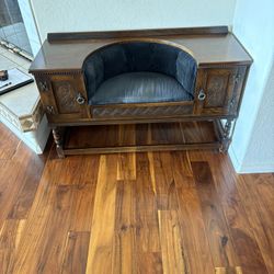Antique Solid Wood Entryway Bench with Carved Doors and Upholstered Seat