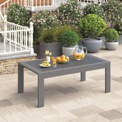 Outdoor Patio Coffee Table 41.7” – All-Weather Metal Rectangle Table with Wood-Grain Finish, Heavy-Duty Rust-Resistant Frame, for Garden, Deck, Balcon