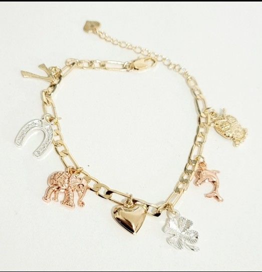 14k Gold Plated Trincolor 7 Power Charm Bracelet