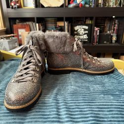 Sparkly Gray Fur-Lined Ankle Boots