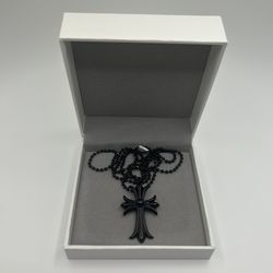Chrome Style Cross Necklace Chain Adjustable Rare Beaded Black Pendant 24 Inch 