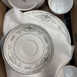 Vintage China Dishes Blue With Silver Rim 