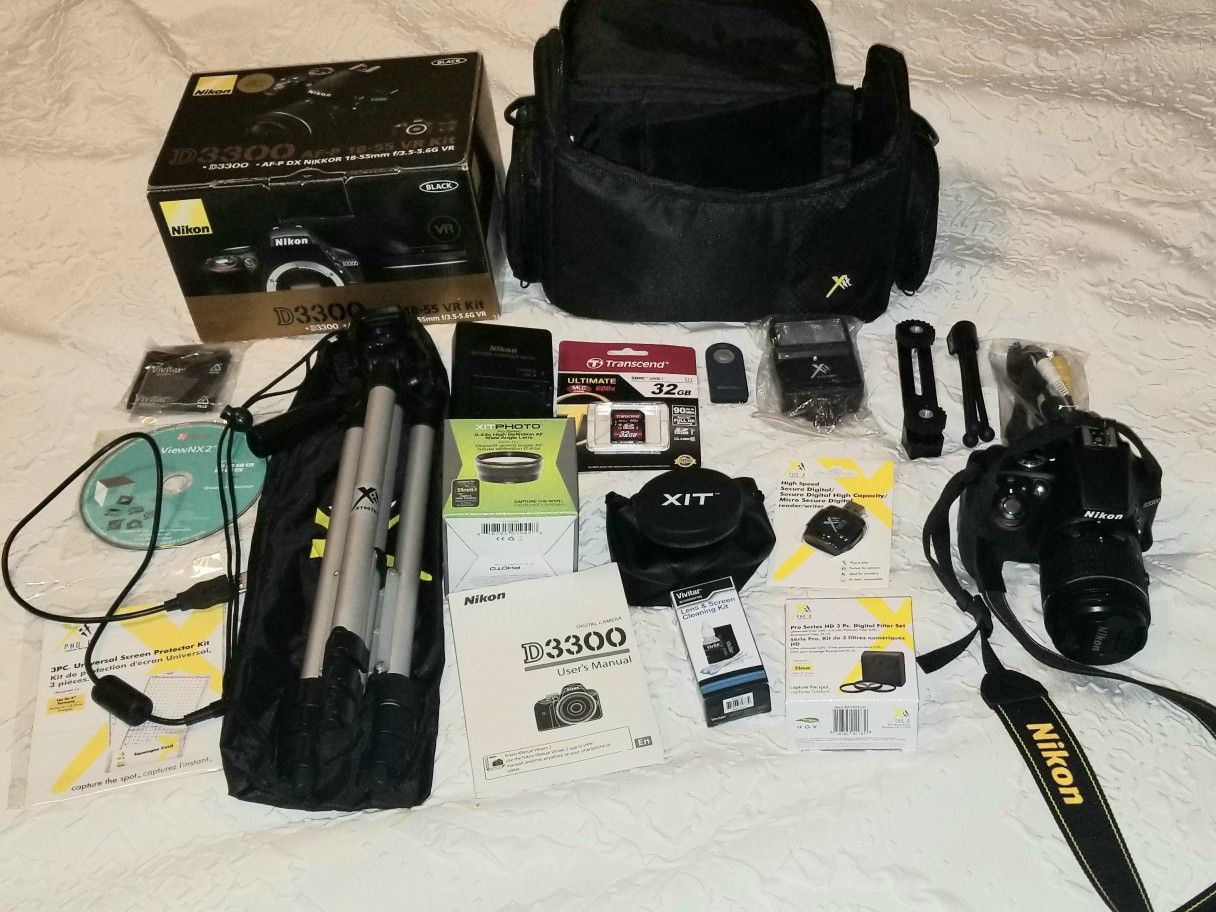 Nikon D3300 Digital SLR Camera + 3 Lens 18-55 VR Lens Kit + More