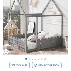 House Bed Frames with Pine Wood Roof and Fence for Kids