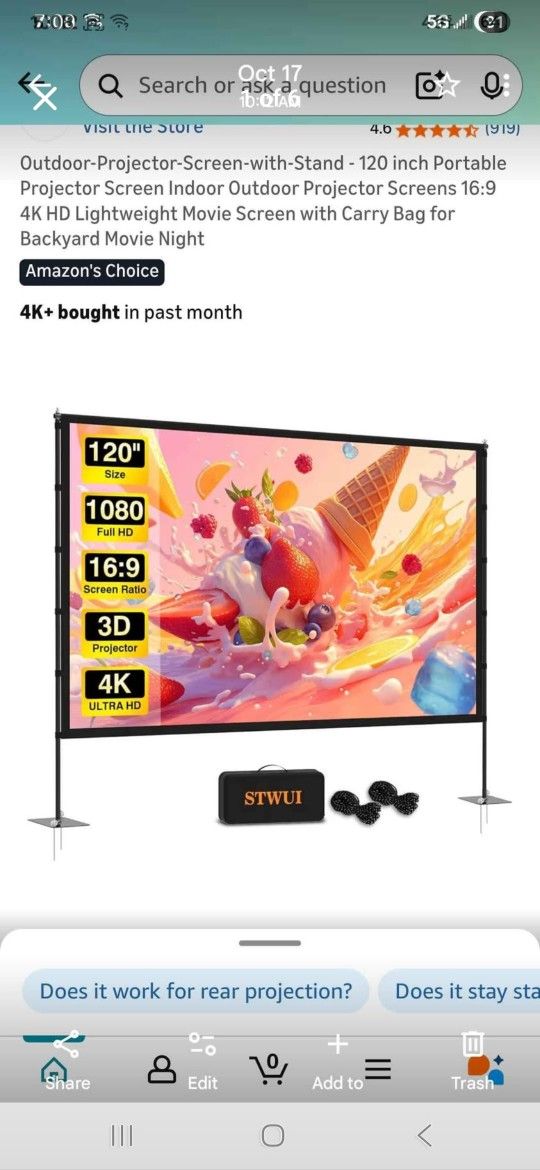 Projector Screen With Stand 120 Inch New In Box Pick Up In Pomona $55