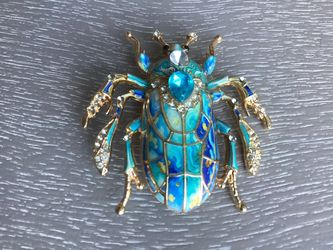 Unique Vintage Inspired Golden Beetle Brooch W/ Phantom Blue Enamel & Rhinestones