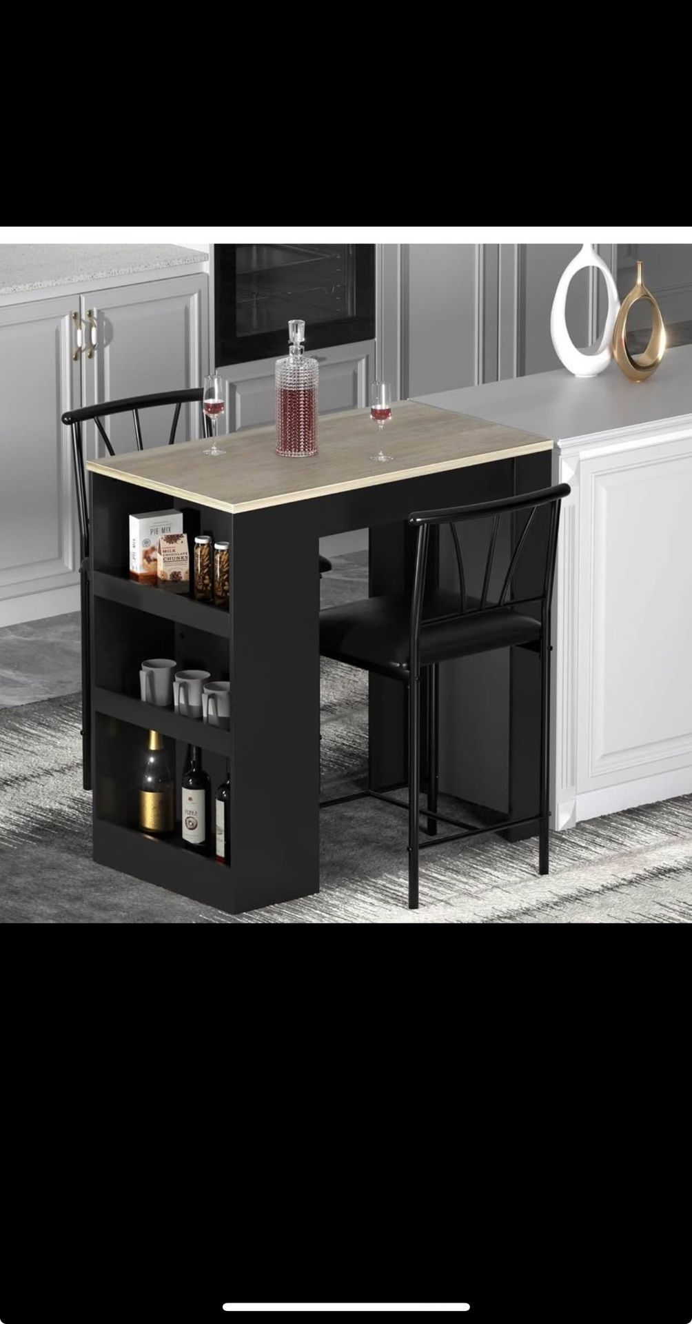 (We Have Delivery)VECELO Small Bar Table and Chairs Tall Kitchen Breakfast Nook with Stools/Dining Set for 2, Storage