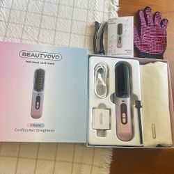 BEAUTYOVO Cordless Hair Straightener Brush - 300M Negative Ions | 6 Heat Settings | 65W USB-C Fast Charging, Dual Modes Portable Hair Straightening Br