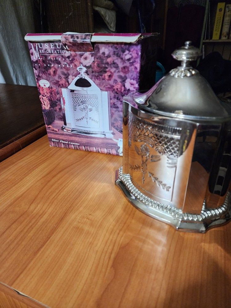 Vintage 1991 Godinger Engraved Silver Plate Tea Caddy Jar with Lid