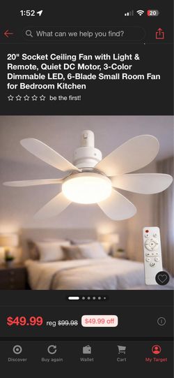 20" Socket Ceiling Fan with Light & Remote, Quiet DC Motor, 3-Color Dimmable LED, 6-Blade Small Room Fan for Bedroom Kitchen