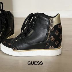 Beautiful Black And Gold High Top  and High Heel GUESS Sneakers, Size 7 and 1/2, Great Condition 