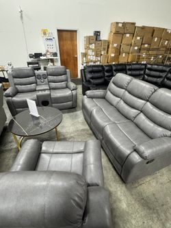 Grey Recliner Living Room 3Pcs Set With Bluetooth Speaker And LED Light 