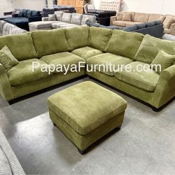Green Sectional Sofa And Ottoman, Sage Sectional, Sectionals, Sofa, Couch, Living Room Sofa, Corduroy Sectional, Plush Sectional,Soft Plush Couch