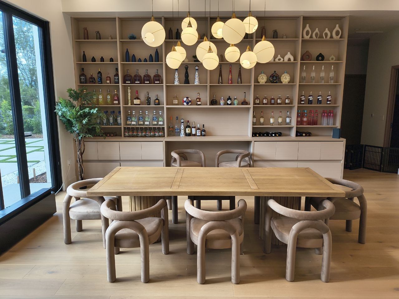New Gorgeoues Designer Dining table and 8 chairs upholstered in camel taupe performance fabric