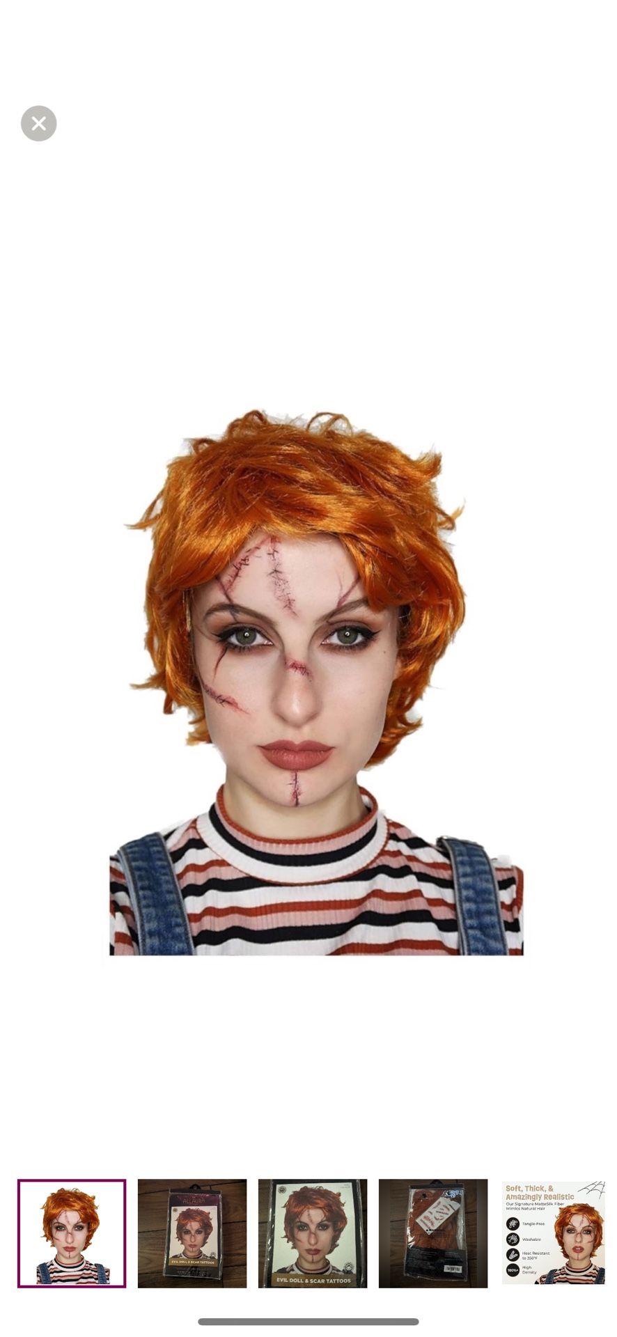 ALLURA Evil Killer Doll Wig Orange Halloween Wig - Includes Scar Tattoos