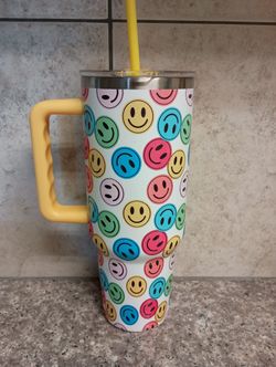 Large Happy Face Tumbler With Straw and Handle.