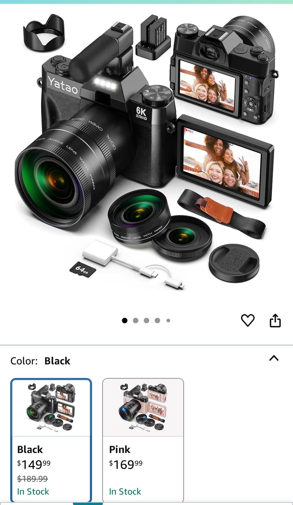 Yatao Digital Cameras for Photography and Vlogging, 6K 64MP Flip Screen, Dual Lens, Microphone