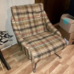 Authentic 1970’s Vintage - Plaid Upholstered - Swivel Metal Chair