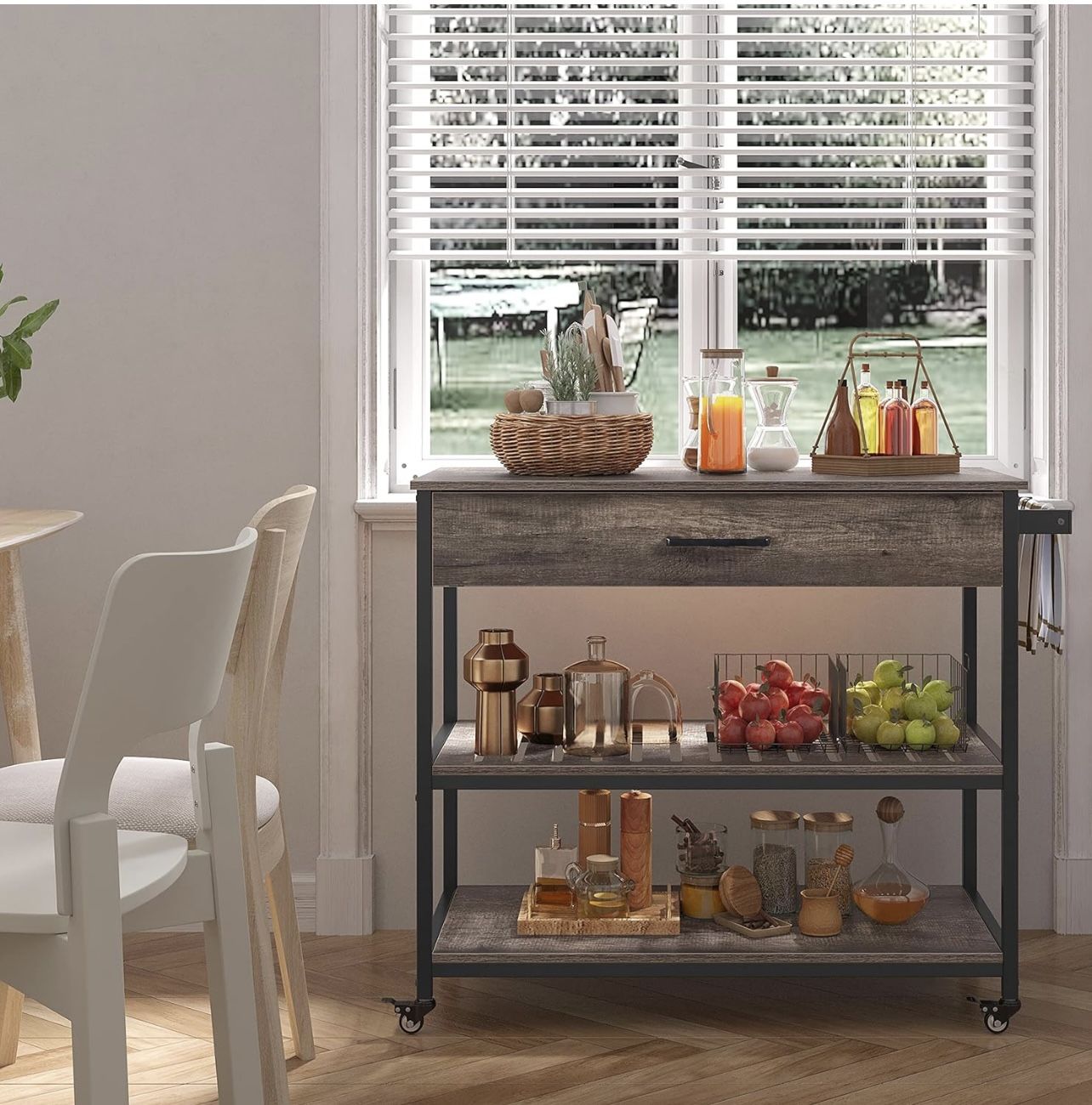 Kitchen Cart with Storage, Rolling Kitchen Island with Drawer and Towel Rack, Utility Shelf Microwave Stand Cart with Lockable Wheels for Dining Room,