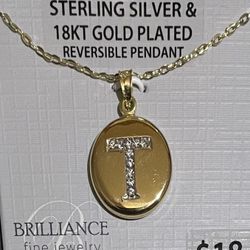 Brilliance Fine Jewelry Sterling Silver 18 K Gold Plated "T" Reverse Crystal Pendant