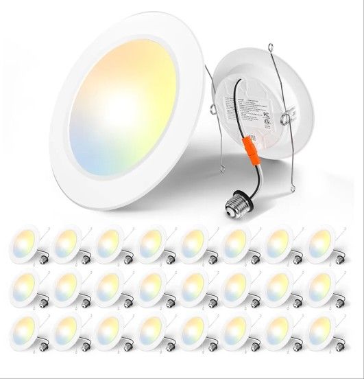 Amico Iluminación empotrada de 5/6 pulgadas, paquete de 24 luces LED planas de 5CCT, 2700K/3000K/4000K/5000K/6000K seleccionables, 12W Eqv 120W, brill