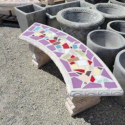 Concrete Mosaic Tile Inlay Curved Benches / Cement Garden Patio Bench / Outdoor Patio Furniture