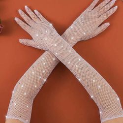 White Rhinestone Long Fishnet Gloves Mesh Rave Gloves Bling Elbow Length Evening Party Glove for Women and Girls