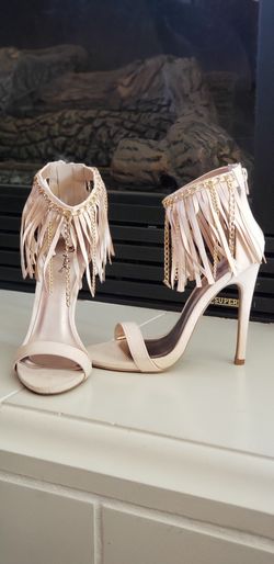 Qupid Nude Stiletto Fringe Sandals