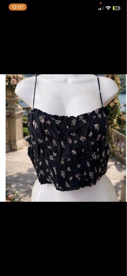 Free People Mens Black Floral Smocked Ruffle Crop Top Spaghetti Strap Sz. Small