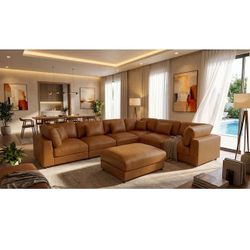 CHINO- Modular Faux Leather Sectional Sofa 144-in W Modern Brown Faux leather 6+seats Sectional