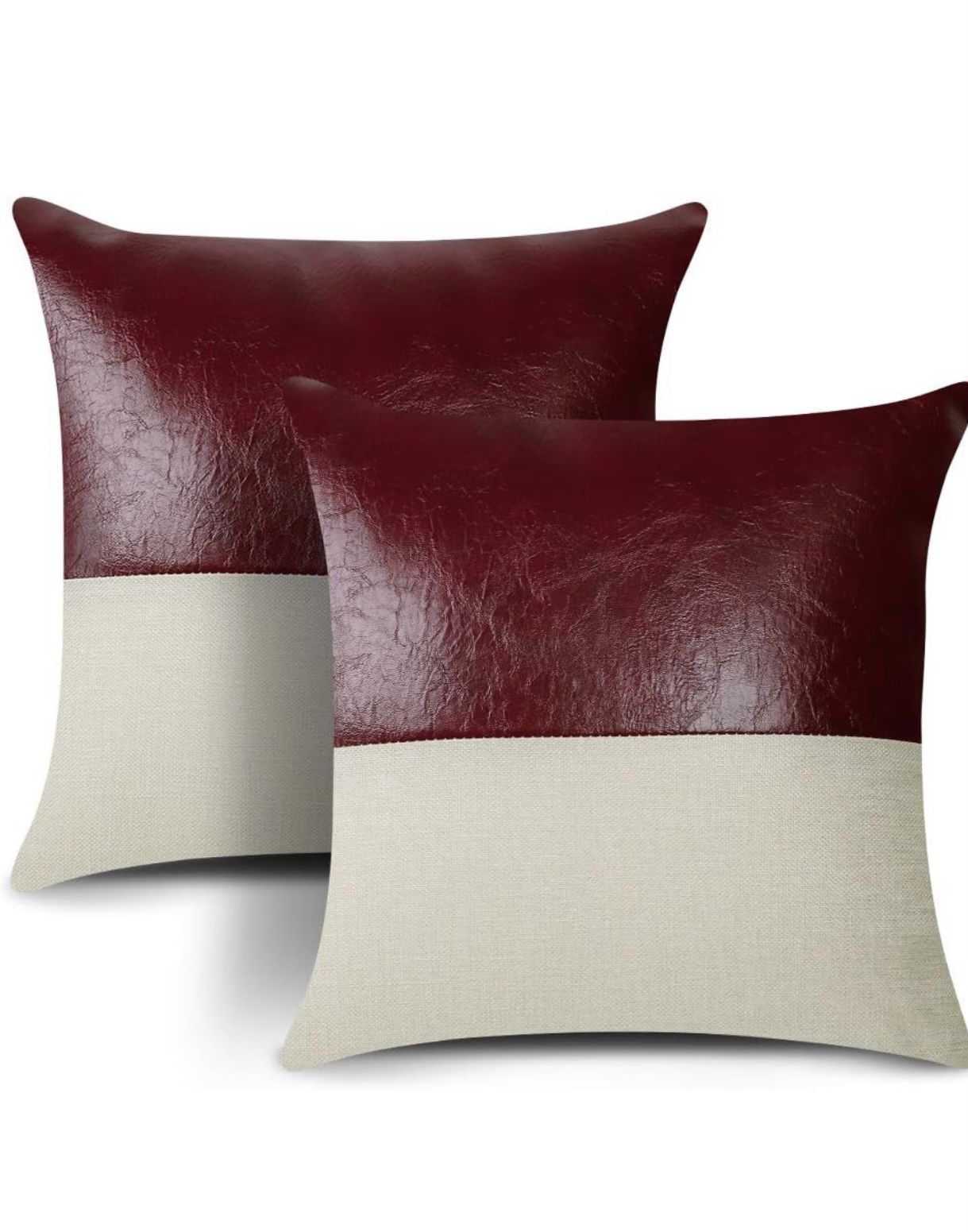 2 Pillow Cases 18x18 Leather Burgundy One Side Other Beige Cloth 